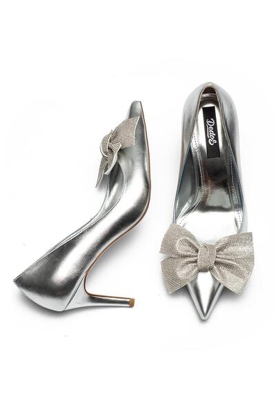Dedos Silver Stone Bow Buckle Shiny Surface High Heel Women's Evening Dress Shoes 3005