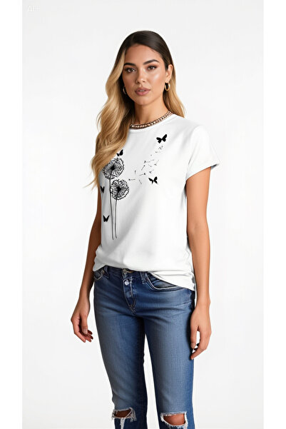 Beyaz kelebek baskılı T-shirt