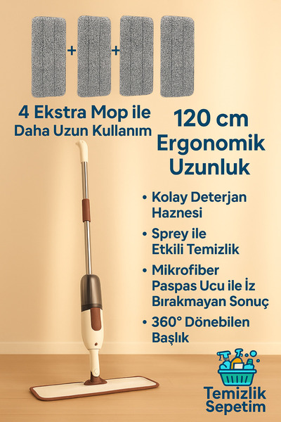 temizliksepetim Spreyli Mop Seti +4 YEDEK MOP, PORTATİF CIRT CIRTLI MİKROFİBER BEZLİ (MOP TEMİZLEME TARAĞI HEDİYE)
