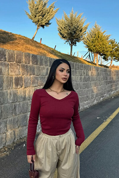 Siner Fashion بلوزة نسائية أساسية ذات ياقة على شكل حرف V باللون العنابي