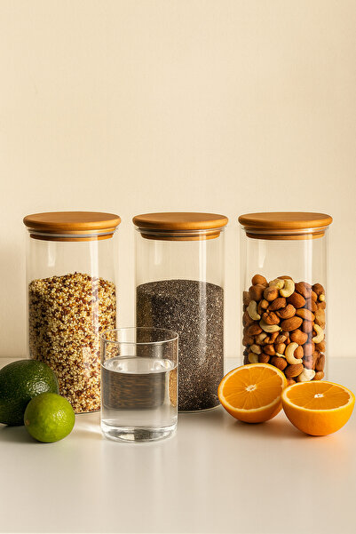 ZURİ DESİGN Airtight Set of 3 Flat Glass Breakfast Vacuum Lid Jars - 1095 ml