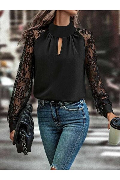 Turega Style    بلوزة نسائية بأكمام طويلة وتفاصيل نافذة الصدر وأكمام طويلة وأ...