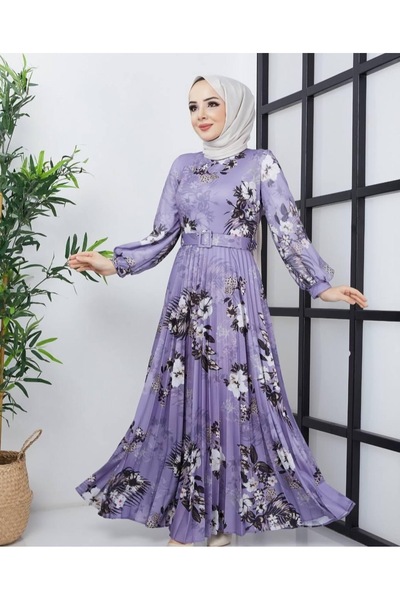 nisanurfashion Dijital Baskılı Mor Pliseli Elbise