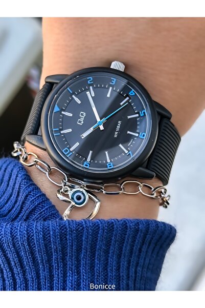 Q&Q Blue-Black Silicone Cord with Numbers, Suitable for Pool Sea Use 10 Atm Women's Wristwatch Bracelet