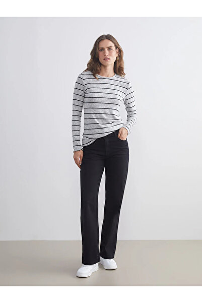 LC Waikiki Tricou pentru femei LCWAIKIKI basic gri cu guler rotund dungi