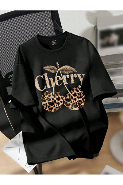 one button Unisex Leopar Kiraz Baskılı Basic Bisiklet Yaka Regular T-shirt %100 Pamuk