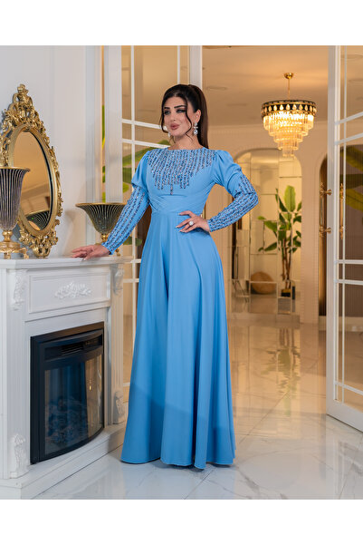 DADO BELLA İndigo Dubai Krep Kumaş A Kesim Kloş Etek Taş Detaylı Tesettür Abiye