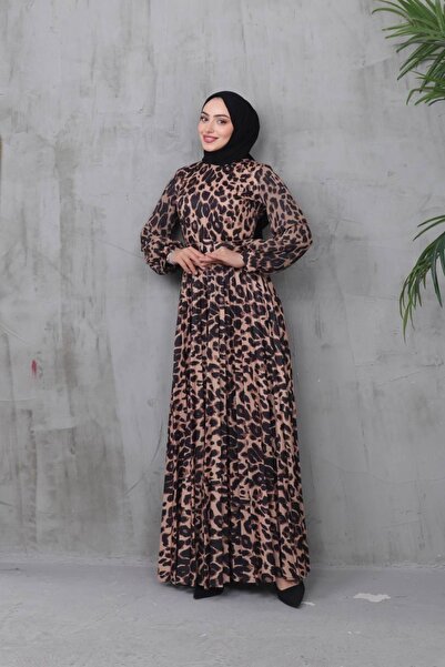 nisanurfashion Dijital Baskılı Leopar Pliseli Elbise