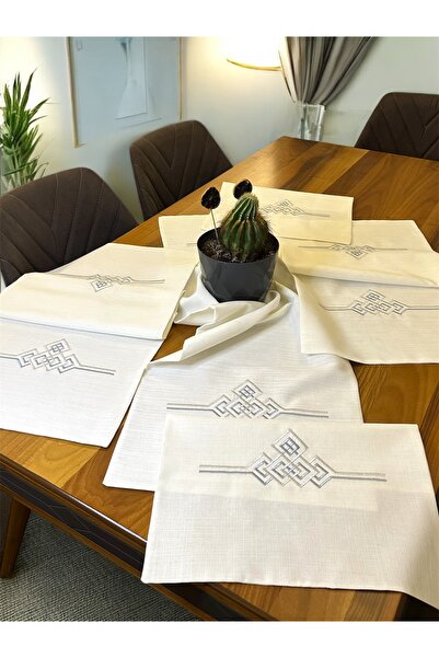 Mariabella Home Collection Vivien Ekru 5 Parça Salon Takımı Runner Masa Konsol Sehpa Örtüsü Set Çeyizlik Gardenya Kumaş