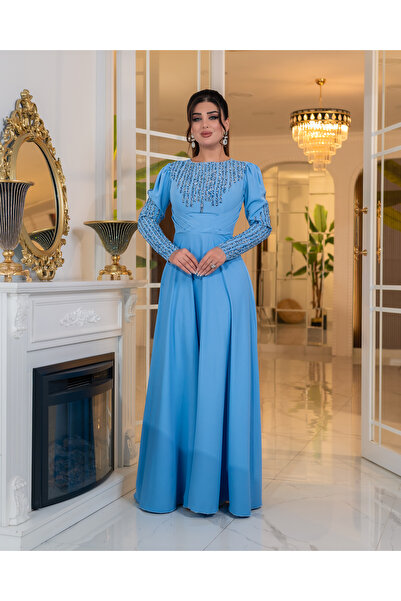 DADO BELLA İndigo Dubai Krep Kumaş A Kesim Kloş Etek Taş Detaylı Tesettür Abiye