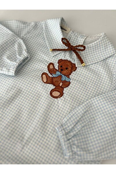 il mio bambino Handmade 100% Cotton Boys Cute Teddy Bear Embroidered Blue Plaid Shirt - Long Sleeve