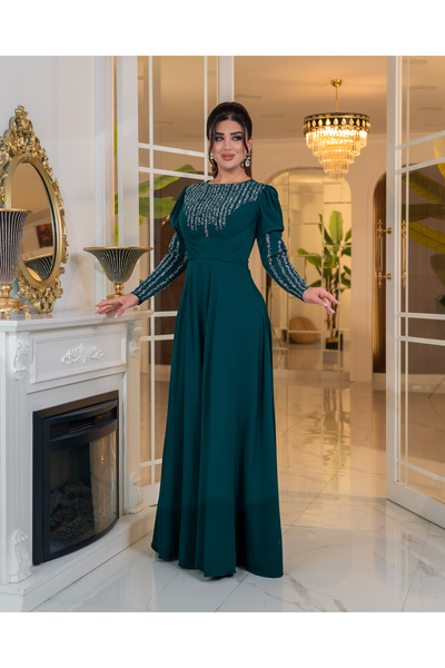 DADO BELLA Zümrüt Yeşili Dubai Krep Kumaş A Kesim Kloş Etek Taş Detaylı Teset...
