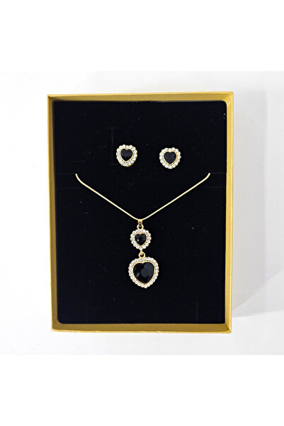 velve Set accesorii Feeling, din inox, cu cercei, lantisor si pandativ cu cristale, Auriu/Negru