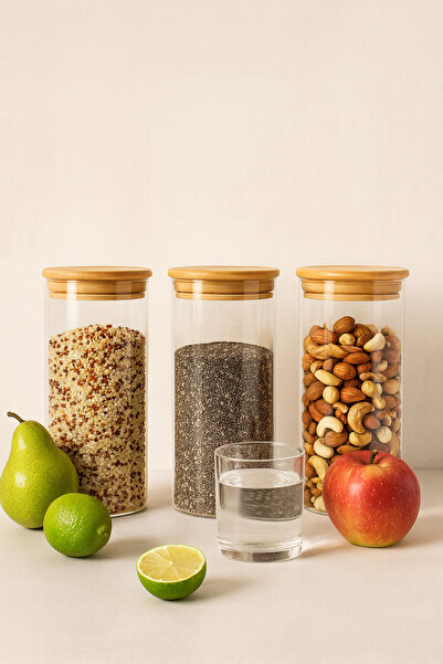 ZURİ DESİGN Airtight Set of 3 Flat Glass Breakfast Vacuum Lid Jars - 1095 ml