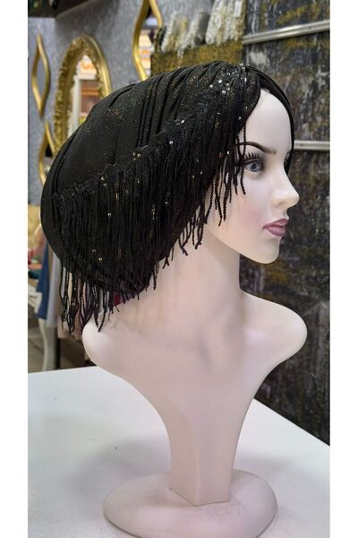 zagreus Kadın siyah yag yeşili kendınden simli sacaklı büzgülü bone özel günl...