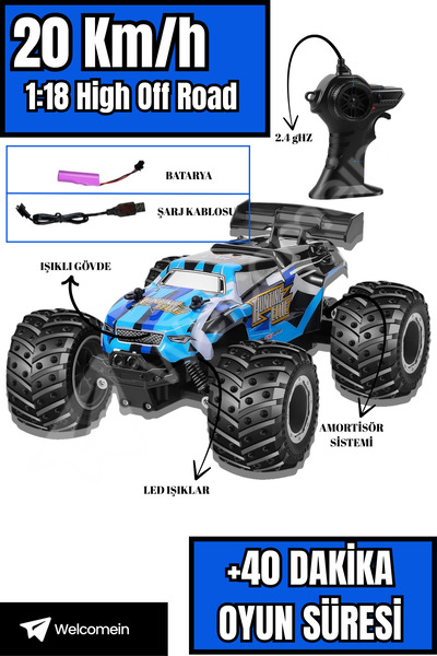welcomein 1:18 20 Km/h Şarjlı Uzaktan Kumandalı RC Off Road Araba 2.4G Işıklı...