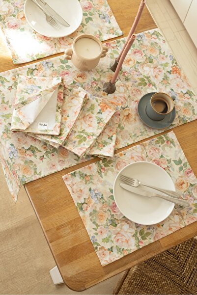 vinte Gül Desen Runner & 6'lı Supla Amerikan Servis Takımı