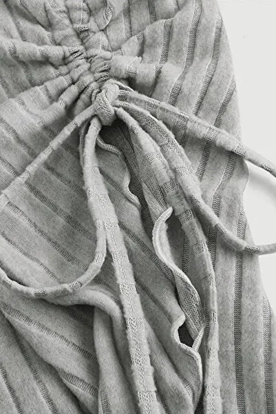 Siner Fashion Women's Gray Long Sleeve Asymmetrical Neck Side Tie Ribbed Blouse