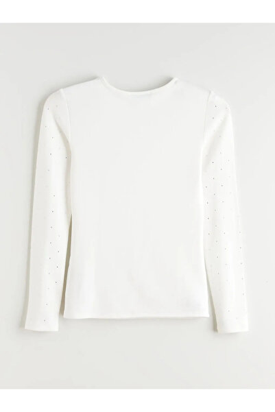 LC Waikiki LCWAIKIKI BasicEkru Bisiklet Yaka Taşlı Kadın Tişört