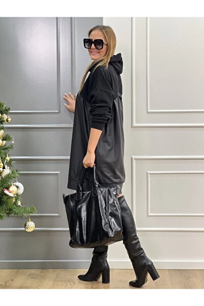 Generic Brand Women's Long Sleeve Hood and Leather Detail Above Knee Dress