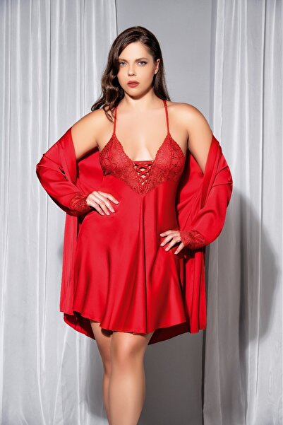 lidofya Low-Cut Elegant Lace Red Plus Size Nightgown Dressing Gown Set