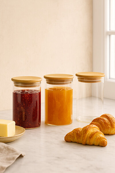 ZURİ DESİGN Airtight Set of 3 Flat Glass Breakfast Vacuum Lid Jars - 850 ml