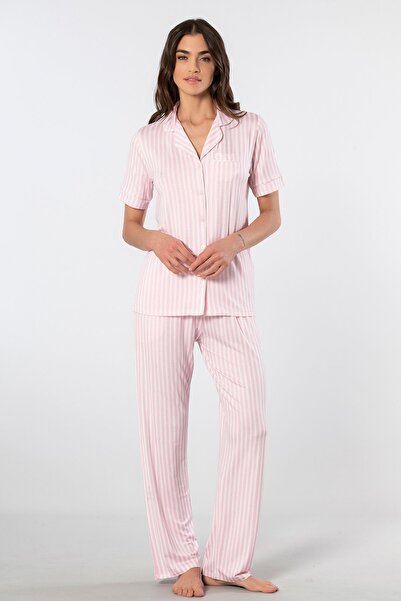 TÜREN طقم بيجامة بياقة قميص بأكمام قصيرة مخططة 3355/وردي