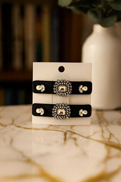 Luna 2'li Taş ve İnci Detaylı Pens Saç Tokası - Siyah