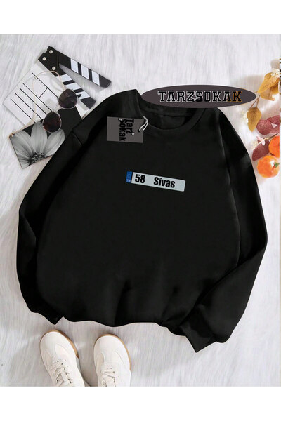 Tarzsokak Biskilet Yaka Sweatshirt Siyah 58 Sivas Özel Tasarım Plaka Detaylı