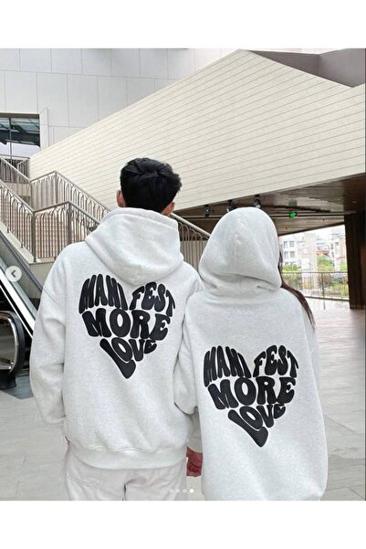 CLASSY.MODA Φούτερ με κουκούλα Unisex με 3 κλωστές, χαλαρή εφαρμογή, τσέπες καγκουρό, Manifest More Love Heart printed