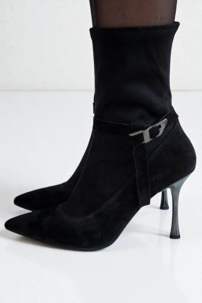 ERS Air Comfort Siyah Süet Hakiki Deri Kadın Streç Bilekte Bot 9 cm İnce Meta...