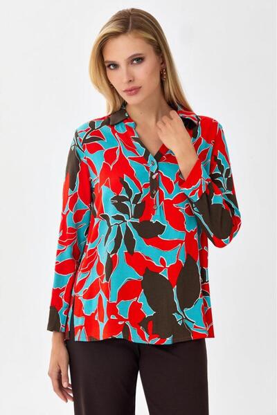 İKİLER Önü Düğmeli Uzun Kol Desenli Bluz 256-3006