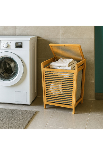 TTT Medium Size Wooden Bamboo Dirty Laundry Basket 40X35X60