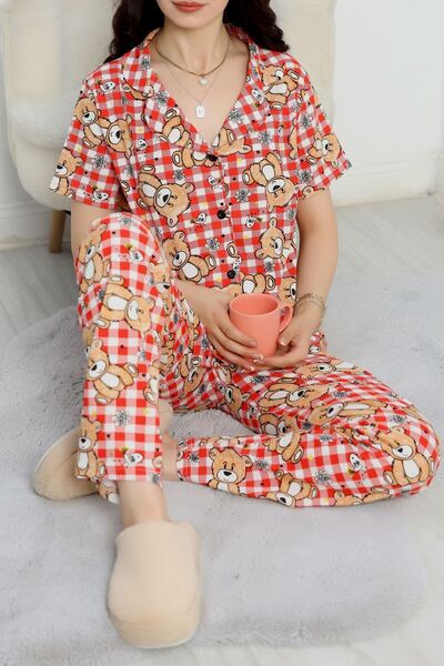 DAS KLEID Pajama Set Printed Buttoned Red