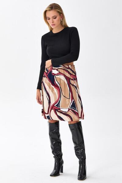 İKİLER Beli Lastikli Desenli Etek 256-3502