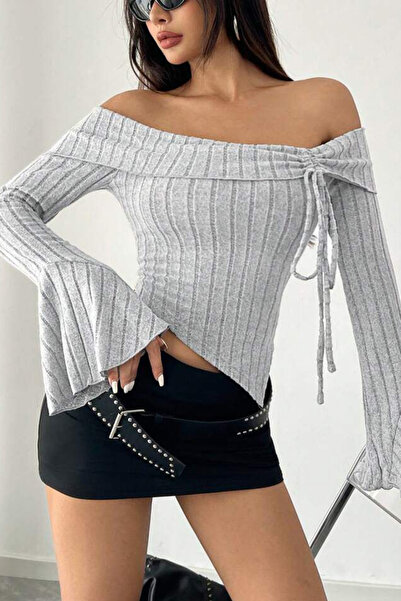 Siner Fashion Women's Gray Madonna Collar Tie Detail Spanish Sleeve Ribbed Blouse