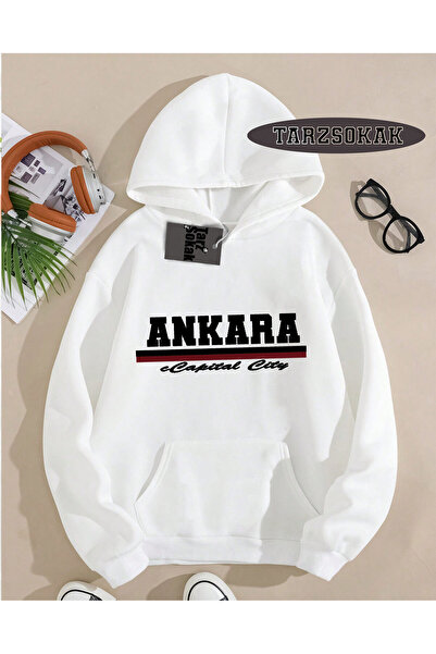 Tarzsokak Hanorac cu glugă alb, design personalizat Ankara Capital City, cu d...