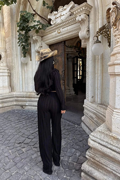 Siner Fashion Women's Black Tie-Front Blouse Wide-Leg Pants Set with Reverse Stitch Detail