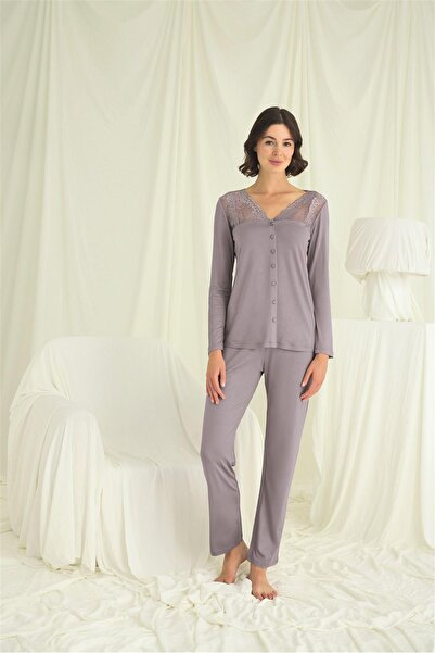 MONAMİSE Women'S, Buttoned All Over, with Lace on the Neck, Sleeves and Shoulders, Grey Pajama Set