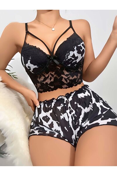 R RUSELİN Kadın Siyah Leopar desenli Dantel detaylı Şortlu Gecelik Pijama (195741) Takımı 5055