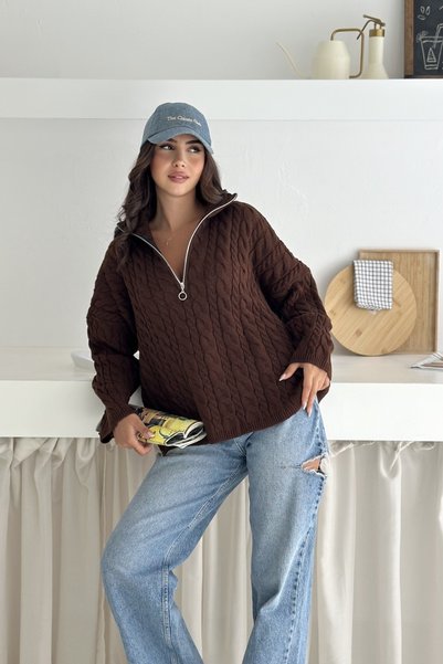 Noi Belis سترة تريكو كبيرة الحجم بتصميم مضفر ونصف سحاب AW25KZ0052