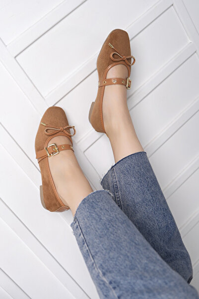 RoseVeno Women's Light Tan Suede Bow Detailed Buckle Casual Ballerina Shoes