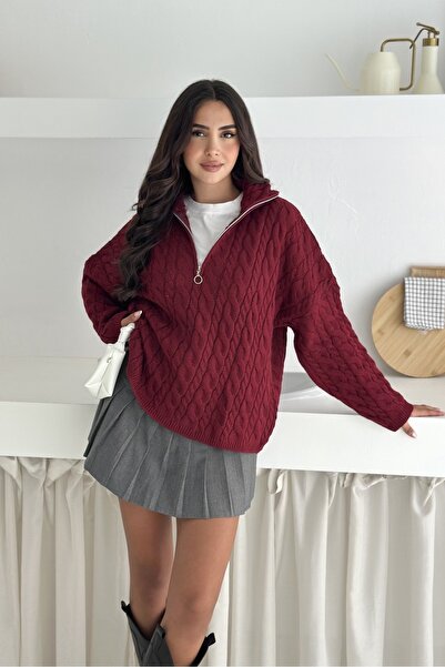 Noi Belis Pulover oversize tricotat cu fermoar pe jumătate cu împletitură de ...