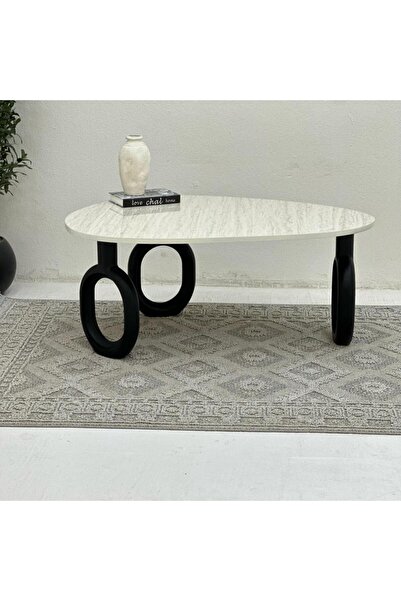 Zahra Alfkhama Coffee Table with Travertine Marble-Like Surface and Black Wooden Base