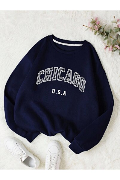 AFROGİYİM Γυναικείο φούτερ Chicago με στάμπα με 2 κλωστές με λαιμόκοψη