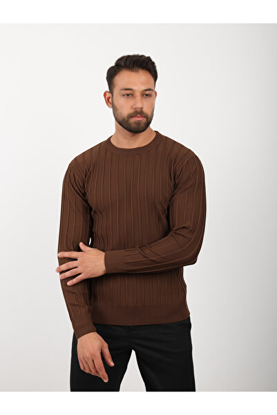 VALERO Men's Standard Fit Regular Cut Ribbed Detailed Crew Neck Brown Knitwear Sweater