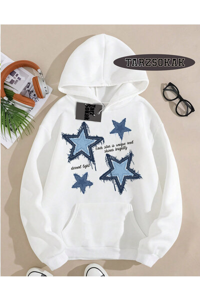 Tarzsokak سويت شيرت بقلنسوة أبيض بنمط نجمة تصميم خاص