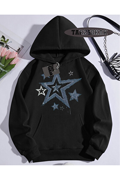 Tarzsokak Hanorac cu glugă negru cu model stea, design special