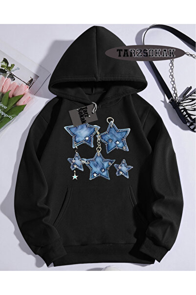 Tarzsokak Hanorac cu glugă negru cu model stea, design special