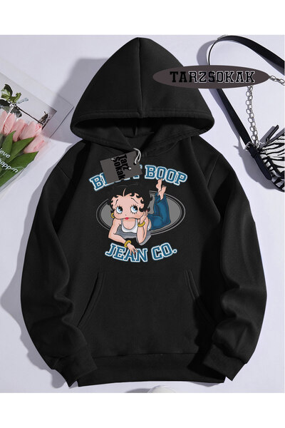 Tarzsokak Kapşonlu Sweatshirt Siyah Betty Boop Özel Tasarım